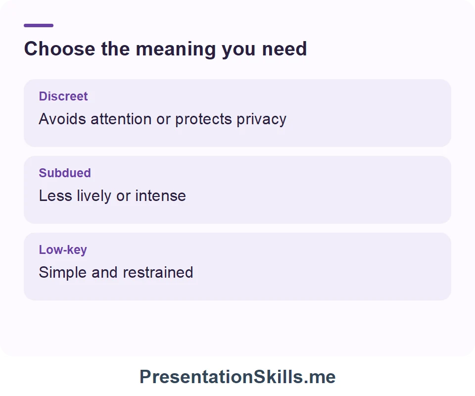 Discreet: Avoids attention or protects privacy; Subdued: Less lively or intense; Low-key: Simple and restrained
