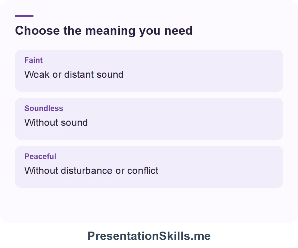 Faint: Weak or distant sound; Soundless: Without sound; Peaceful: Without disturbance or conflict
