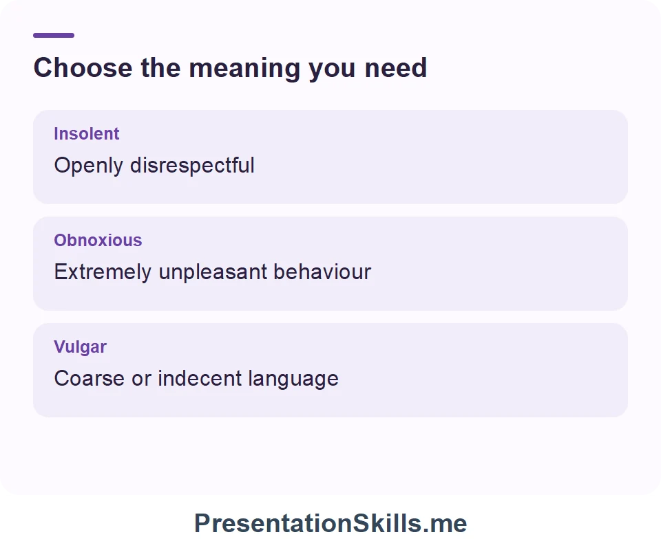 Insolent: Openly disrespectful; Obnoxious: Extremely unpleasant behaviour; Vulgar: Coarse or indecent language