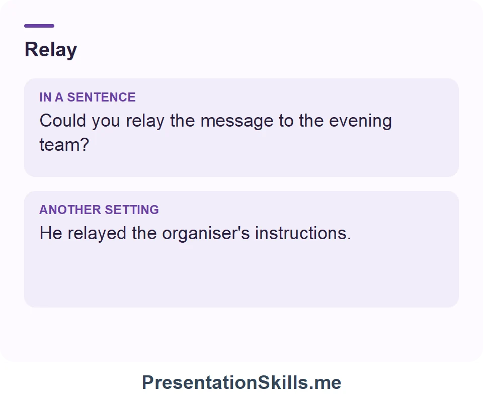 Two uses of Relay: Could you relay the message to the evening team? He relayed the organiser's instructions.