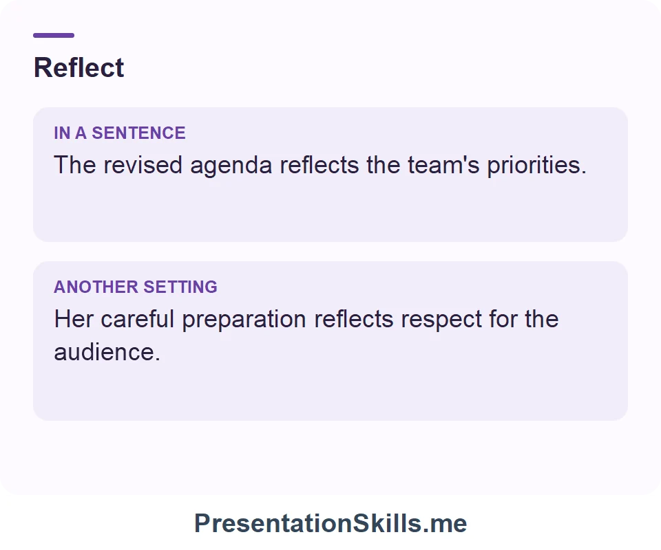 Two uses of Reflect: The revised agenda reflects the team's priorities. Her careful preparation reflects respect for the audience.