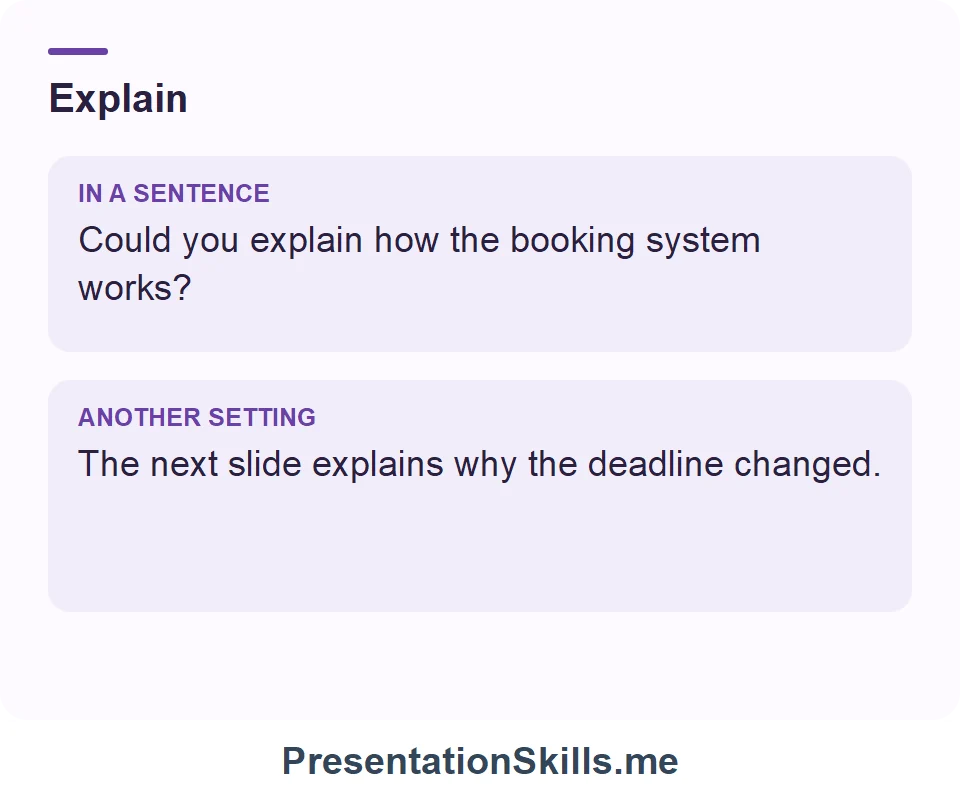 Two uses of Explain: Could you explain how the booking system works? The next slide explains why the deadline changed.