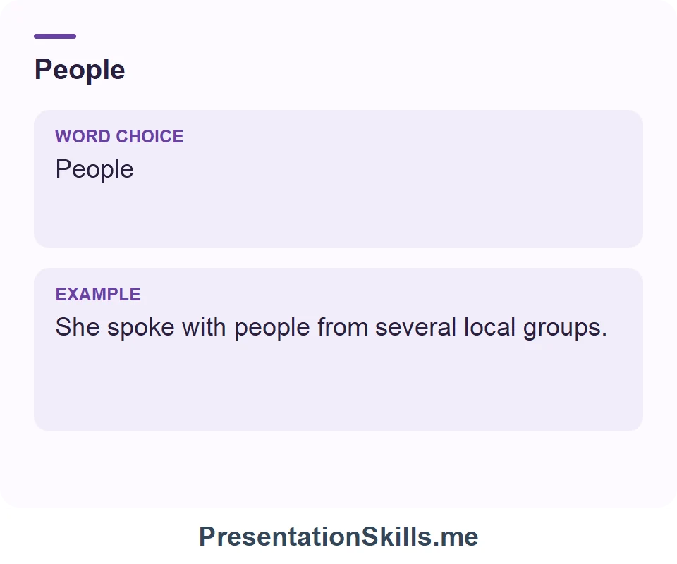 People: She spoke with people from several local groups.