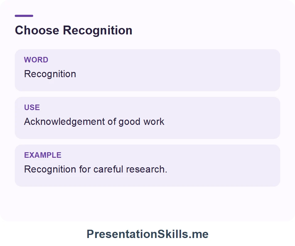 Recognition: Acknowledgement of good work. Example: Recognition for careful research.