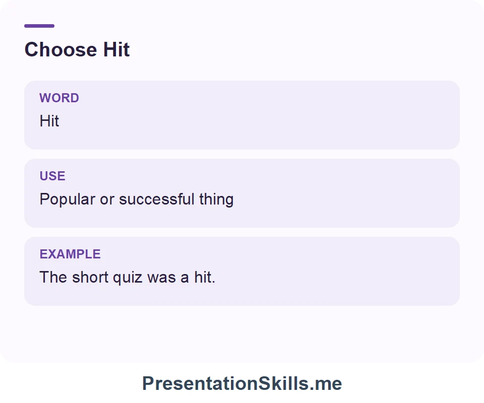 Hit: Popular or successful thing. Example: The short quiz was a hit.
