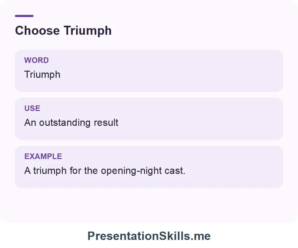 Triumph: An outstanding result. Example: A triumph for the opening-night cast.