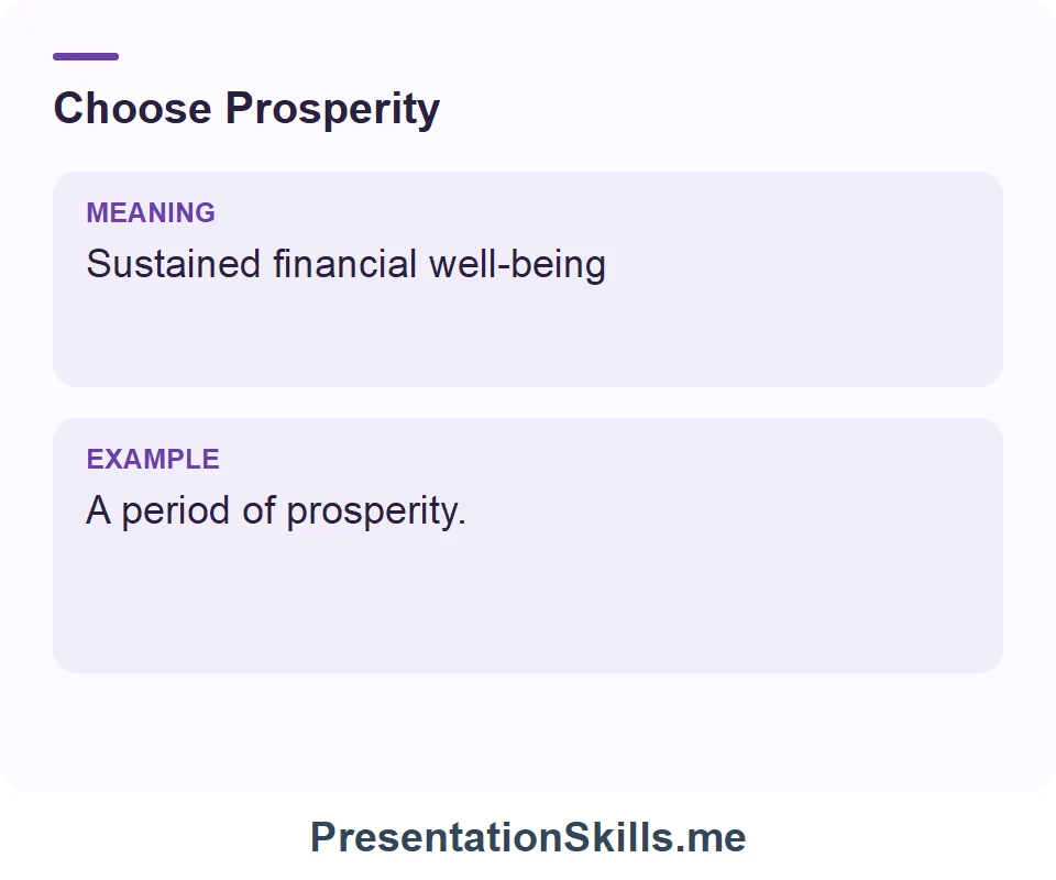 Prosperity: Sustained financial well-being. Example: A period of prosperity.
