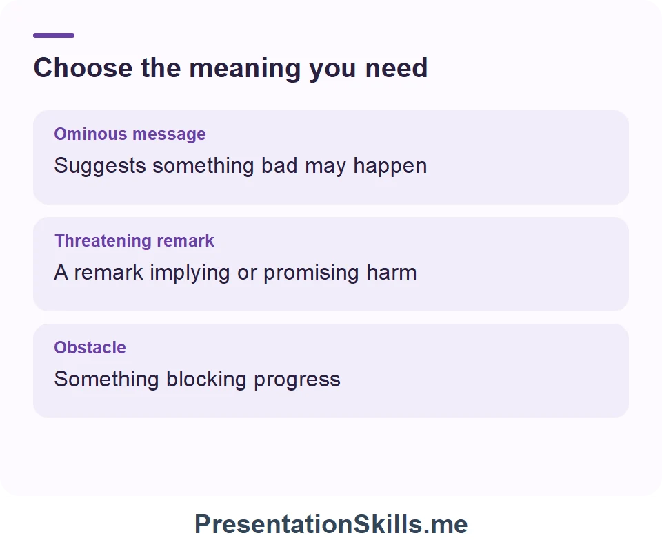 Ominous message: Suggests something bad may happen; Threatening remark: A remark implying or promising harm; Obstacle: Something blocking progress