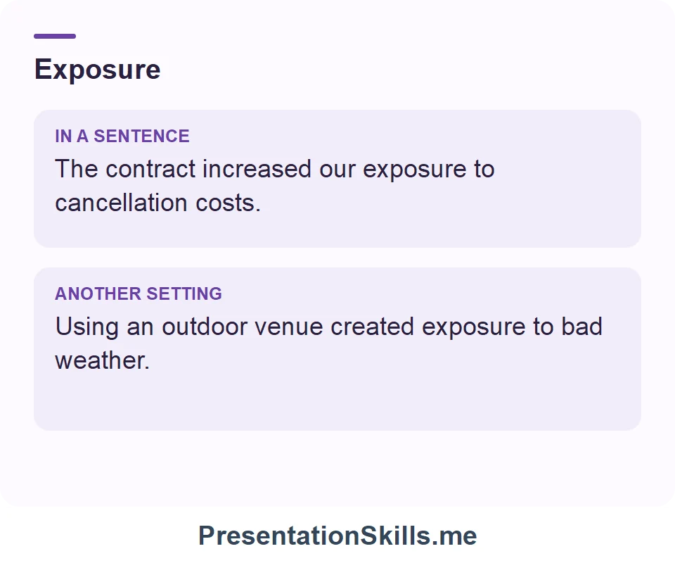 Two uses of Exposure: The contract increased our exposure to cancellation costs. Using an outdoor venue created exposure to bad weather.