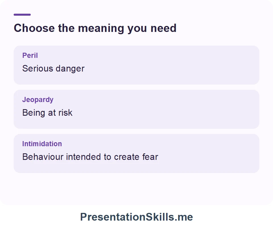 Peril: Serious danger; Jeopardy: Being at risk; Intimidation: Behaviour intended to create fear