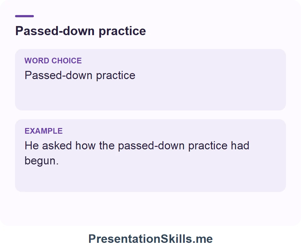 Passed-down practice: He asked how the passed-down practice had begun.